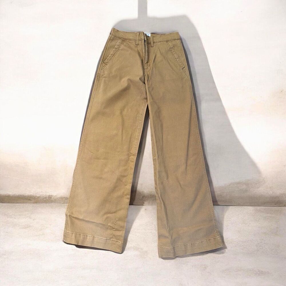 Nine West Women’s Khaki Solid Wide-Leg Pants Flat Front Zip Button Size 4